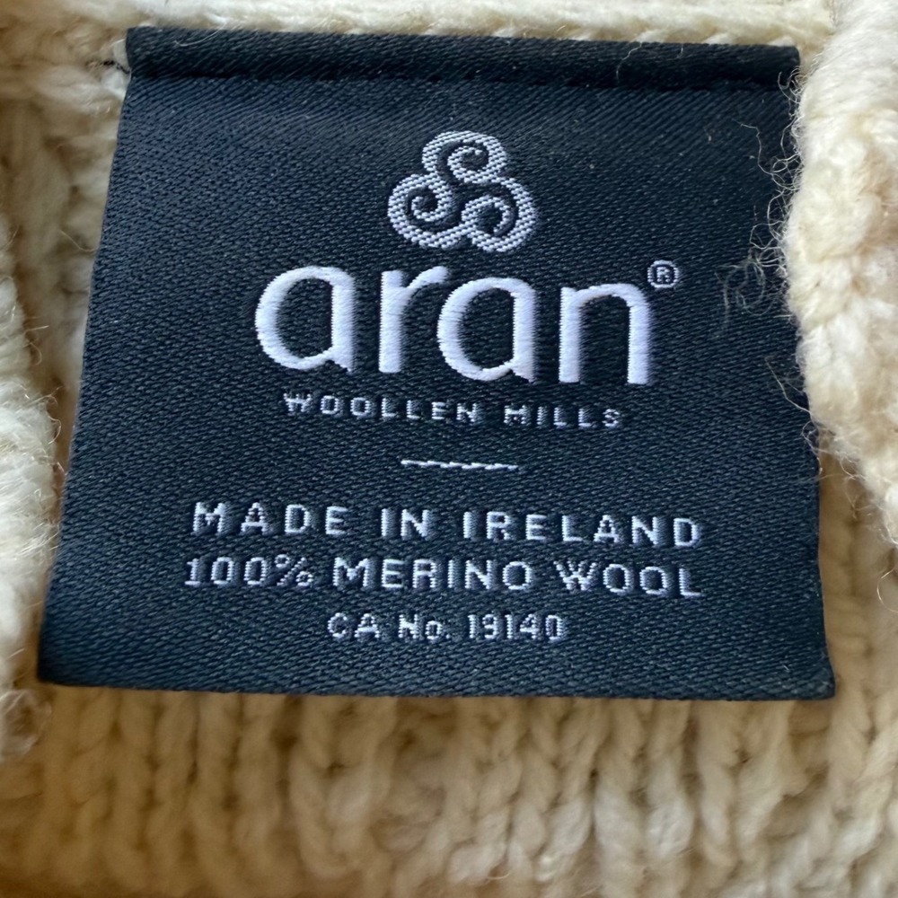 Aran Woollen Mills Merino Wool Cable Knit Button Mock Neck Sweater Cream Mens M - Picture 5 of 7